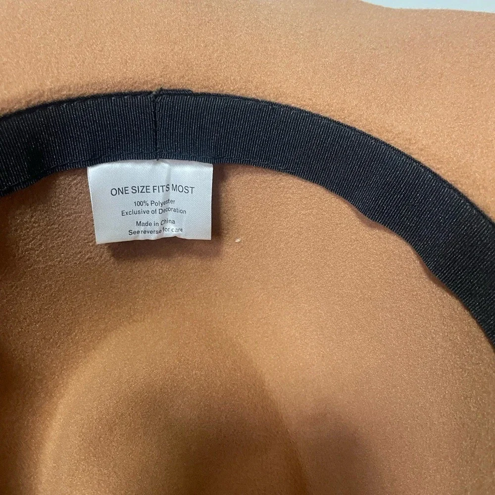 Womens Tan Felt Wide Brim Hat with Brown Ribbon Bow‎ One Size Fits Most